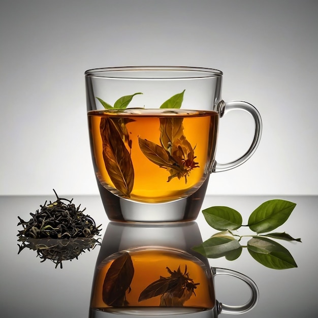 Photo a cup of tea with tea leaves and tea leaves on a table