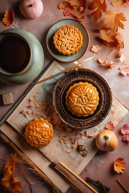 A cup of tea with two cookies on a table with autumn leaves and a cup of tea.