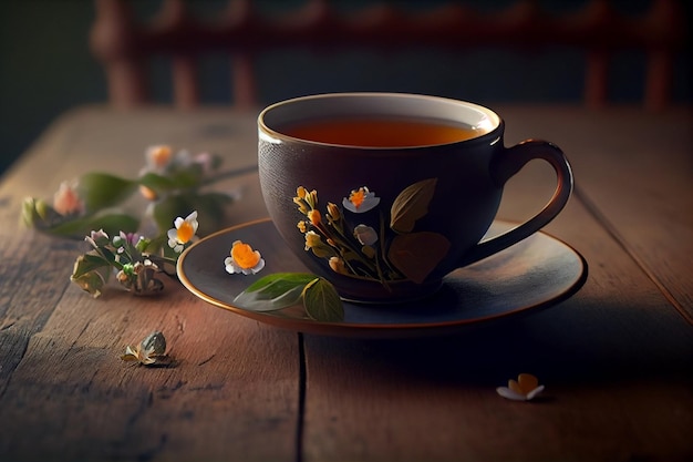 Cup of tea on a wooden table with flowers and leavesgenerative ai