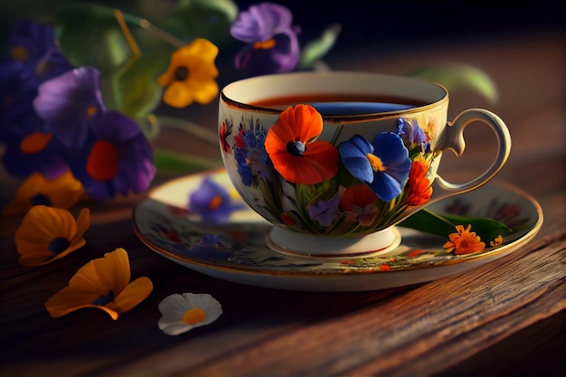 Cup of tea on a wooden table with flowers and leavesgenerative ai