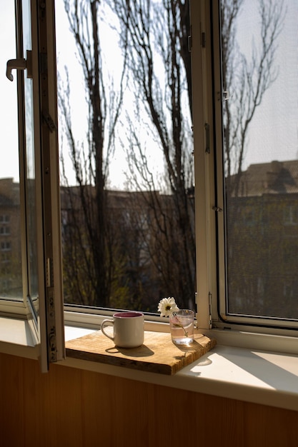 A cup of tea on a wooden tray is standing by the window