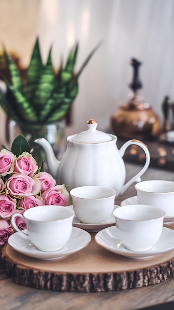 Photo cup of teaset and flowers