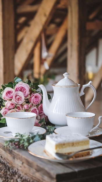 Photo cup of teaset and flowers