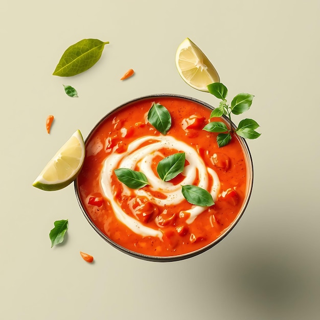 Photo a cup of tomato soup with a lemon wedge on the top