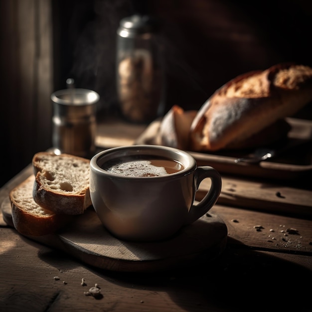 cup of warm coffee and bread on the kitchen wooden table