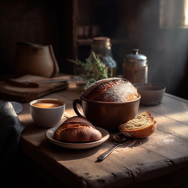 cup of warm coffee and bread on the kitchen wooden table