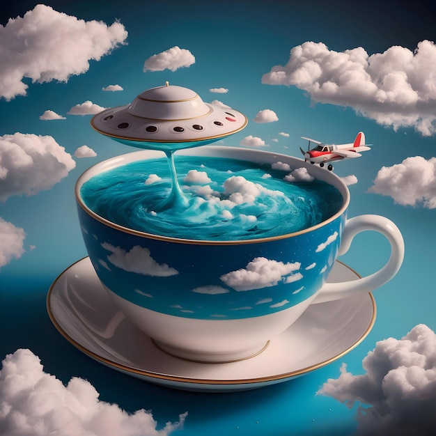 a cup of water with a plane flying above it