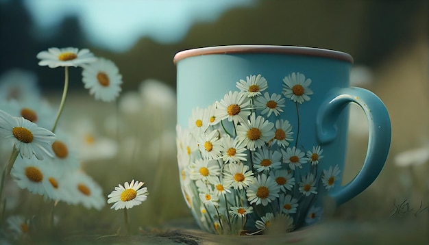 Cup with daisies on a field of daisies Generative AI