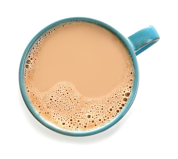 Cup with delicious cocoa drink on white background