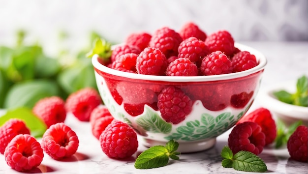 Cup with freshm raspberries and mint