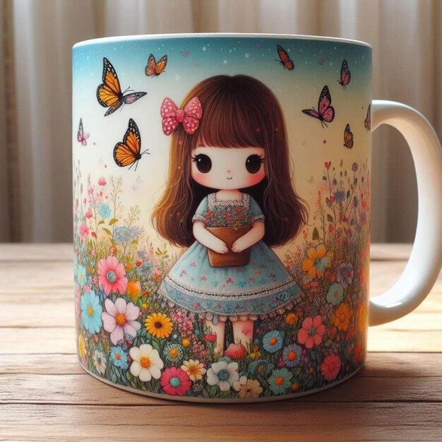 Photo a cup with a girl on it that has butterflies on it