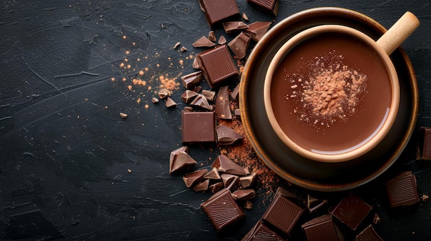 Cup with hot chocolate sprinkled with cocoa powder chocolate pieces sprinkled with cocoa black slate background free space for text