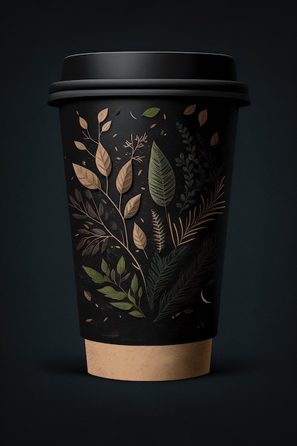 A cup with a leaf design on it that says coffee on it