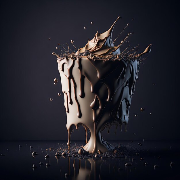 A cup with liquid and a dark background that says chocolate