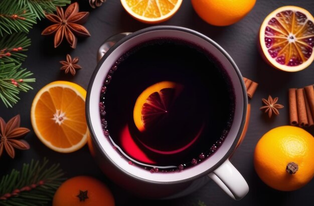 Cup with mulled wine on the table top view