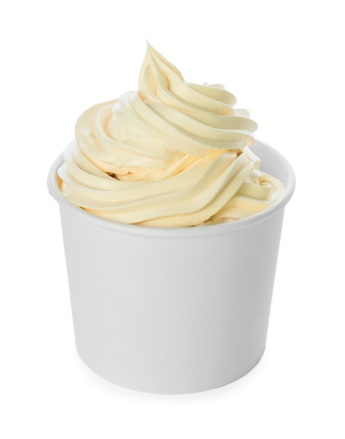 Cup with tasty frozen yogurt on white background