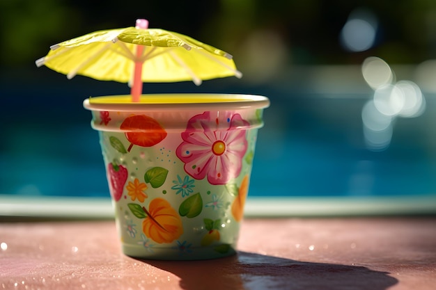 A cup with a yellow umbrella and a flower on it