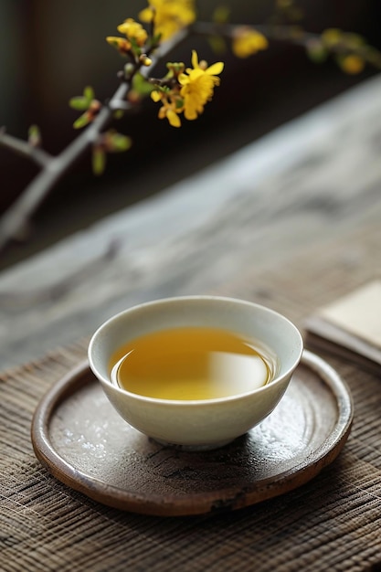 a cup of yellow tea sits on a plate with a small cup of tea