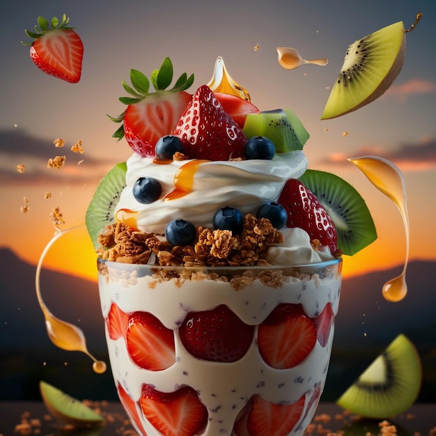 a cup of yogurt with fruit and nuts on it