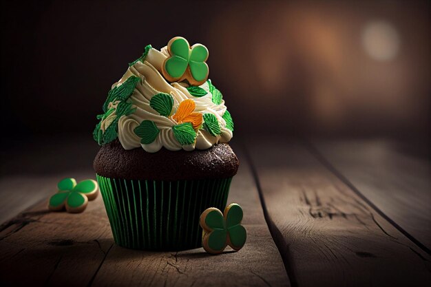 Cupcake decorated with clover leaves for St Patrick's Day generative ai