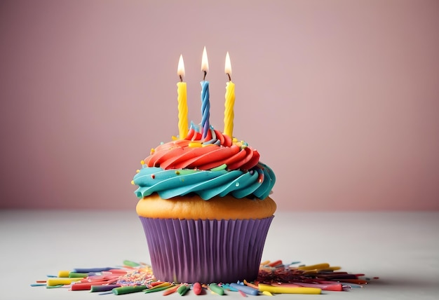 Cupcake decorated with colorful birthday candles Birthday candles