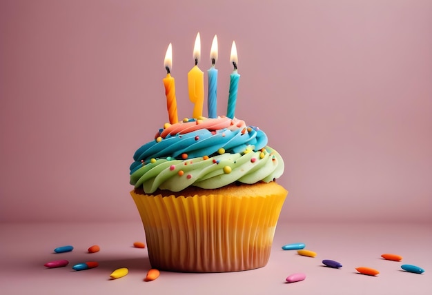 Cupcake decorated with colorful birthday candles Birthday candles