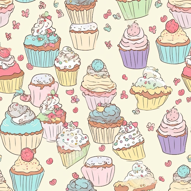 cupcake desert seamless flannel pattern background pastel gentle white background