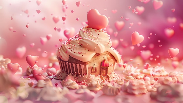 Photo cupcake house with heart decorations