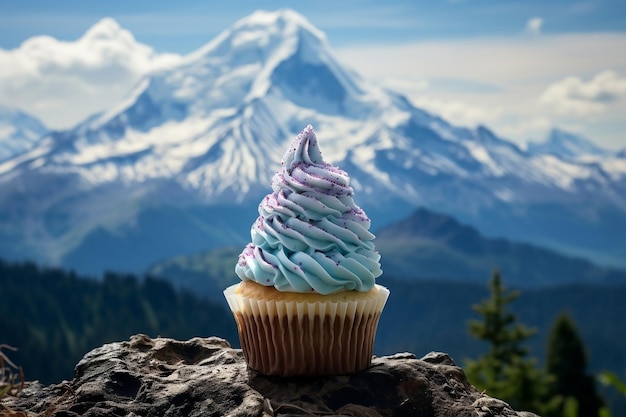 A cupcake on a mountain with blue icing Generative Ai