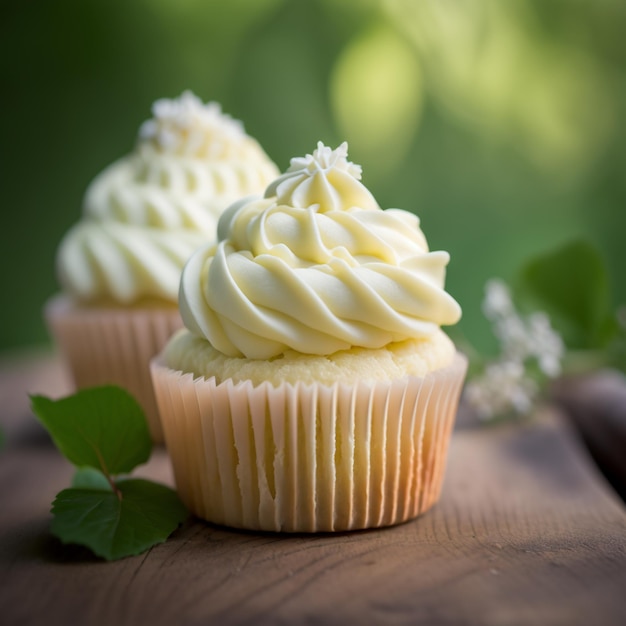 cupcake muffin with vanilla cream on wood background illustration images