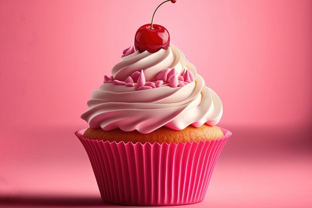 Cupcake topped with a cherry and pink buttercream icing