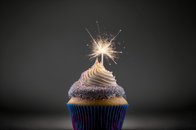 Cupcake topped with a sparkler and colorful sprinkles