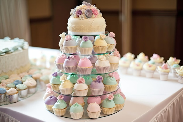 Cupcake tower with cascading tiers of pastel cupcakes created with generative ai