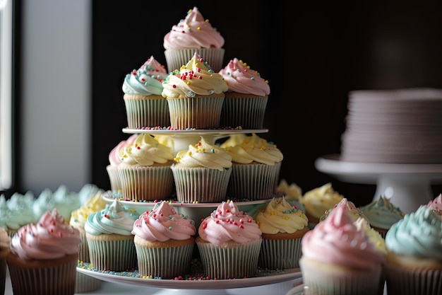 Cupcake tower with swirls of frosting and sprinkles created with generative ai