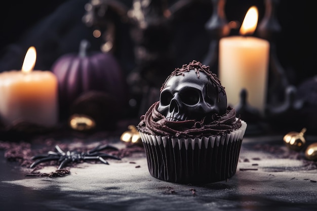 A cupcake was placed and remained on the table during a Halloween party held at someones home