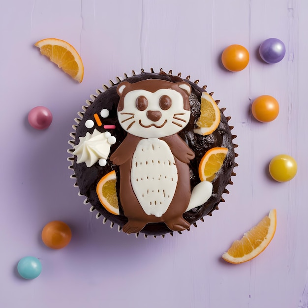 A cupcake with a beaver face on it and the words beaver on the top