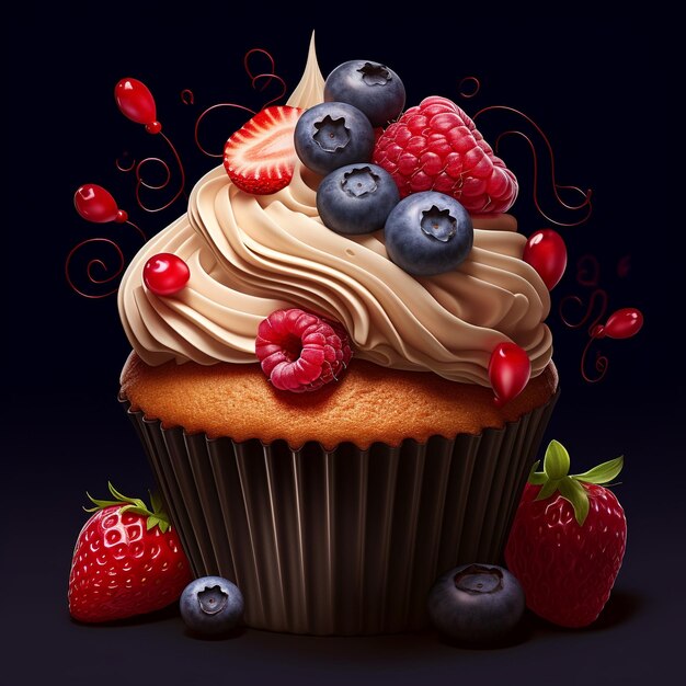 a cupcake with berries and a blue background with raspberries on it