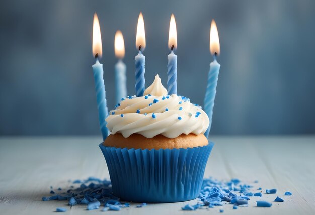 Cupcake with blue birthday candles Birthday candles