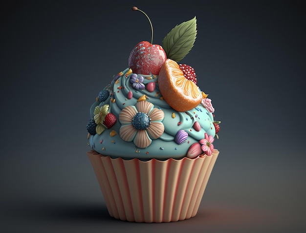 A cupcake with a blue frosting and fruit on it.