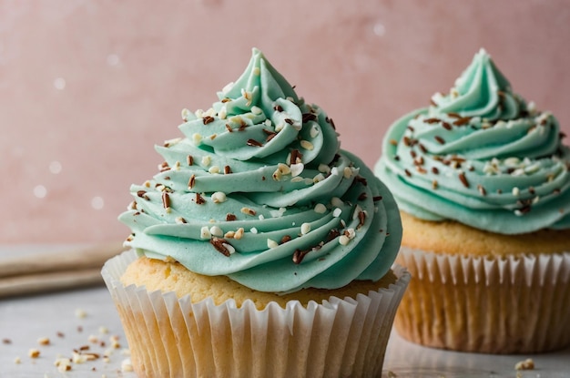 Photo a cupcake with blue frosting and green frosting with sprinkles on it