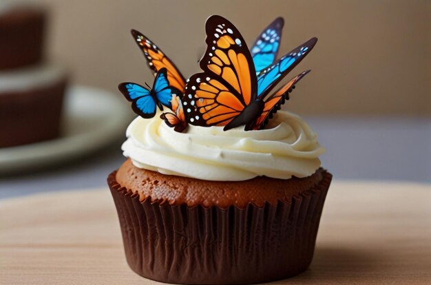 a cupcake with butterflies on the top and butterflies on the top