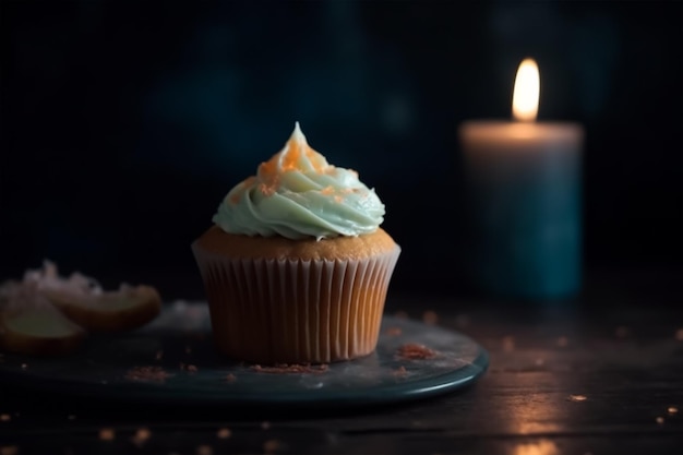 A cupcake with a candle in the background