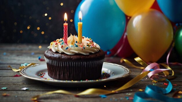 a cupcake with a candle on it and a birthday cake on the table