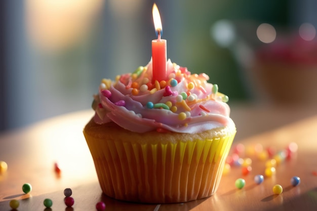 A cupcake with a candle on it