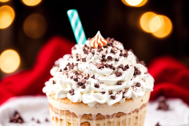 A cupcake with chocolate chips and a blue candle