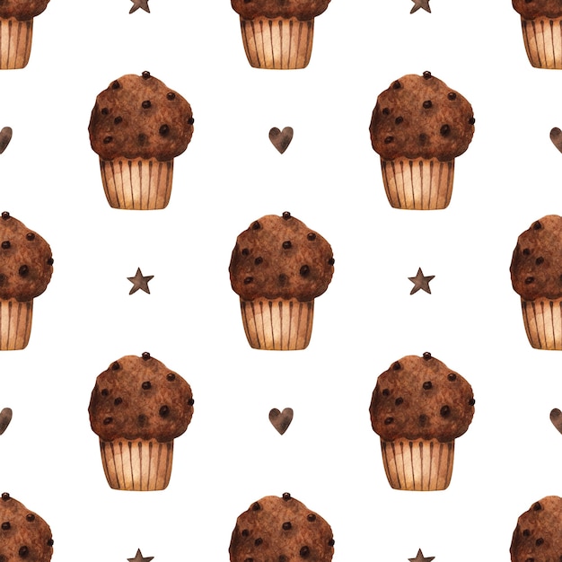 Cupcake with chocolate chips seamless pattern Watercolor illustration