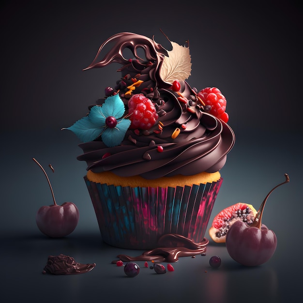 A cupcake with chocolate frosting and berries on it