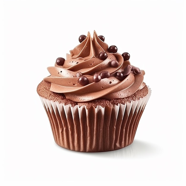 A cupcake with chocolate frosting and chocolate chips.