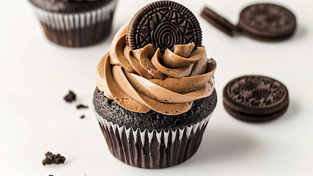 a cupcake with chocolate frosting and chocolate cookies on it