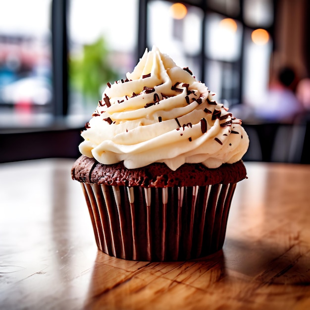 a cupcake with chocolate frosting and a chocolate cupcake on the table